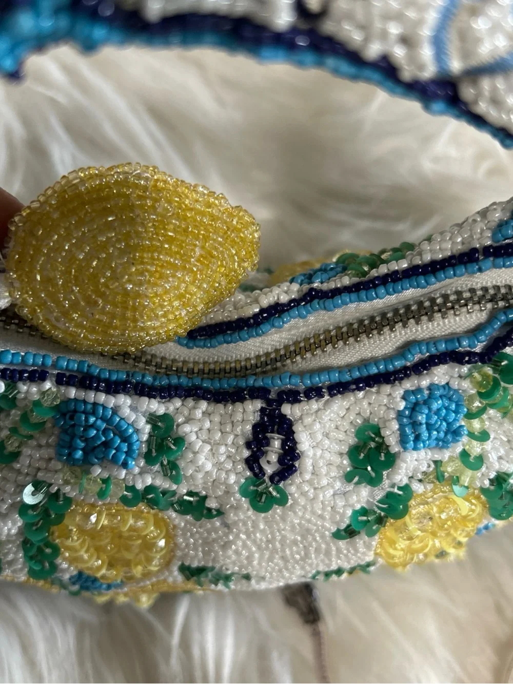 Beaded Lemon Motif Clutch in White and Yellow